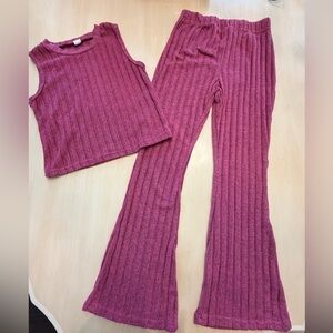 Pink Ribbed Sleeveless Top and Flared Pants Set